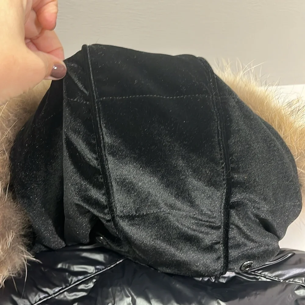 Manteau jr duck down puffer coat reversible velvet, raccoon fur hood